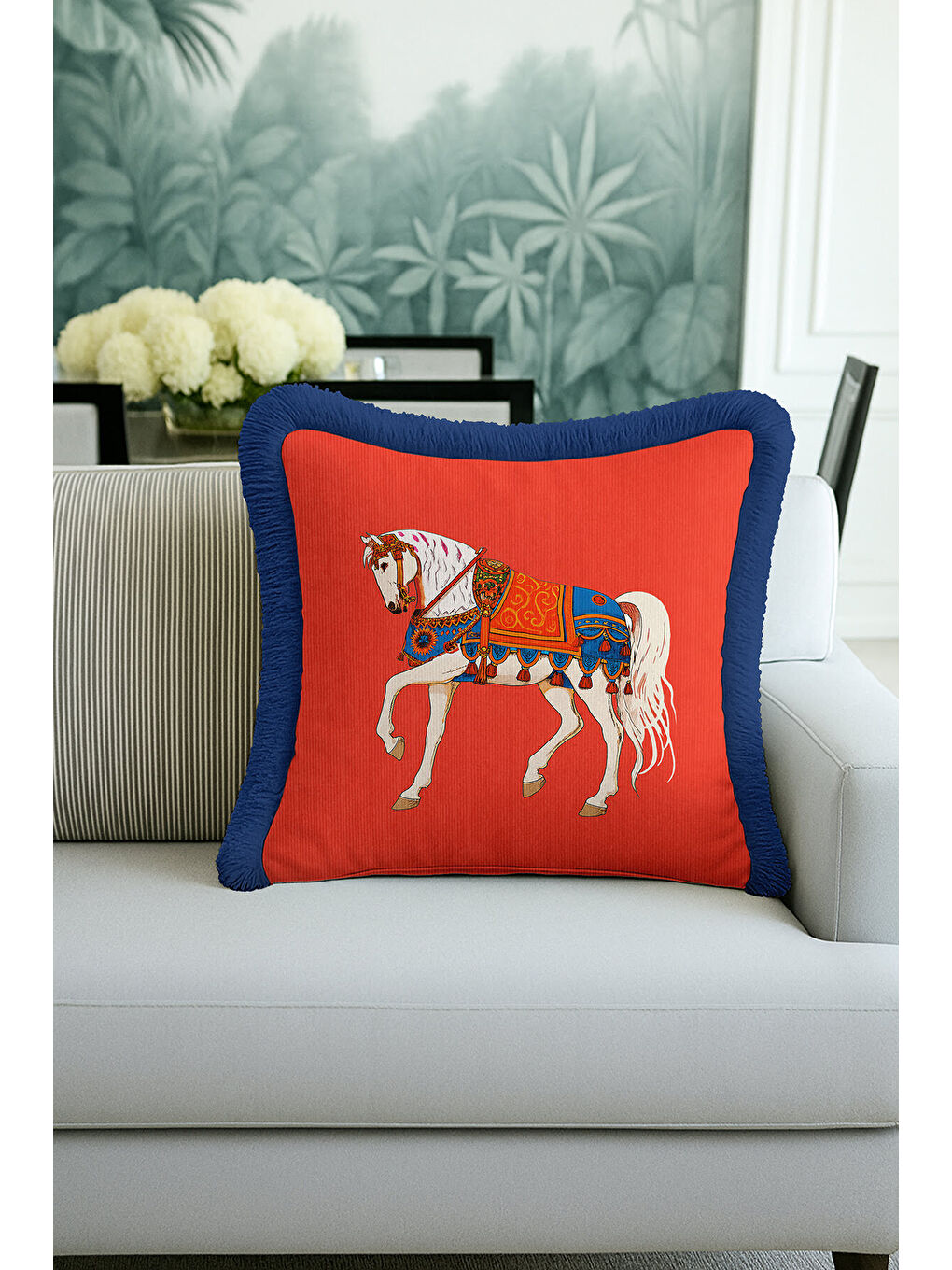 Karışık Saray İhtişamlı Saçaklı Yastık Kılıfı - Asil At Figürü Bohem Kırmızı Lacivert Püsküllü Kırlent Kılıf-4