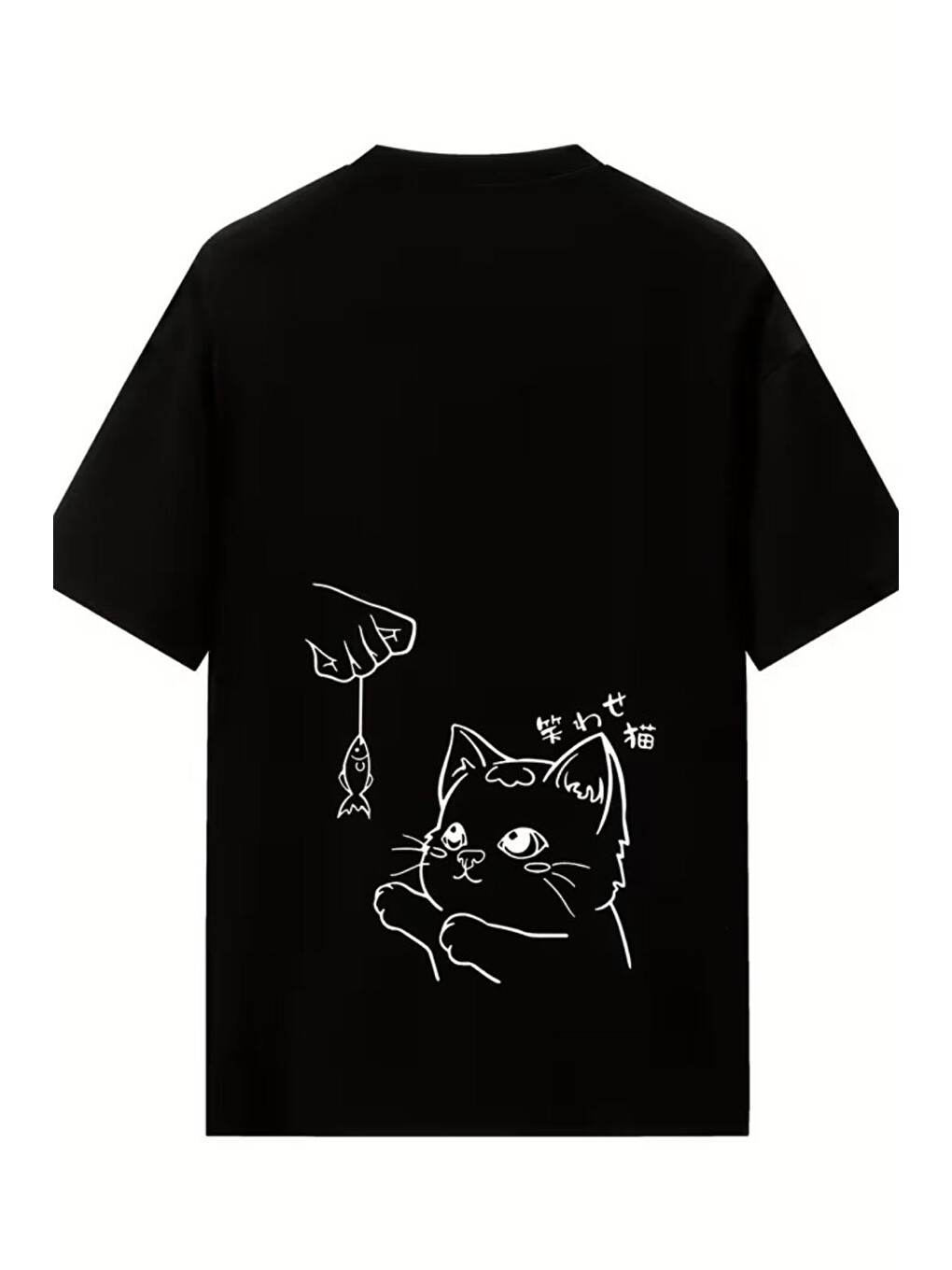 Siyah Fish And Kadın Oversize Basic Bisiklet Yaka Pamuklu T-shirt Rahat Kesim Unisex-1