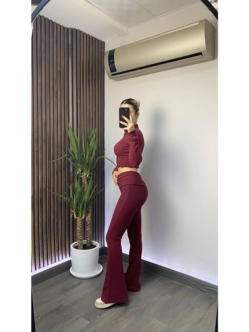 Kadın Bordo Bel Katlamalı İspanyol İkili  Takım Hzl25W-Zk13501-2