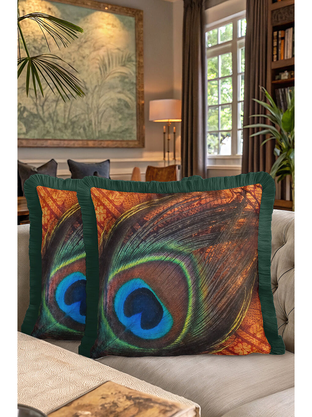 Karışık Zümrüt Yeşili Tavus Tüyü Saçaklı Yastık Kılıfı - Bohem Lüks Turuncu Yeşil Püsküllü Kırlent Kılıfı-7