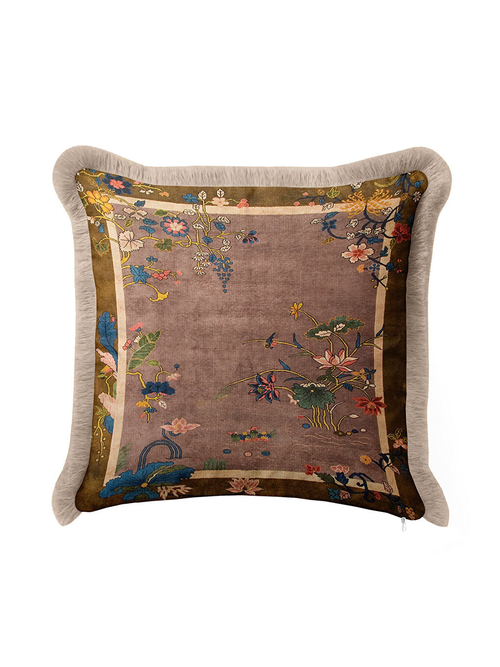 Karışık Zarif Çiçek Motifli Saçaklı Yastık Kılıfı - Vintage Bohem Su Yeşili ve Gold Püsküllü Kırlent Kılıfı-4