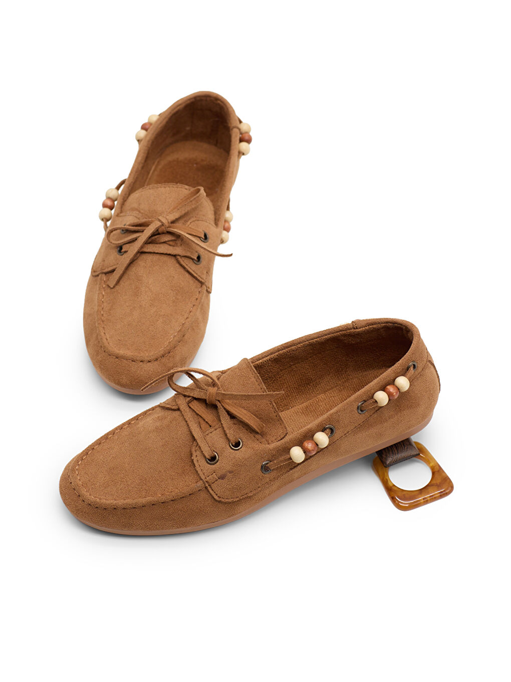 Kahverengi Kadın Taba Rahat Kalıp Boncuk Detaylı Günlük Babet-1