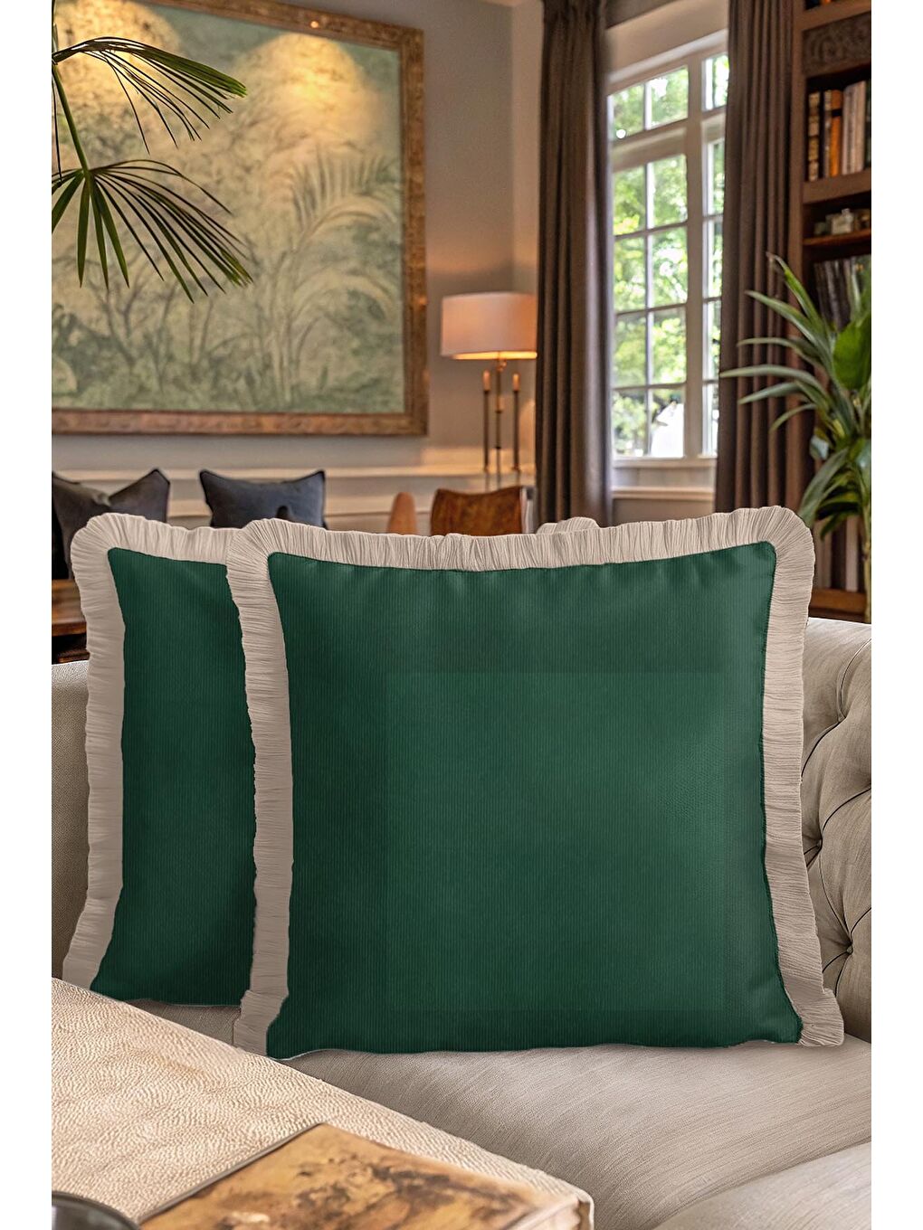 Karışık Zümrüt Yeşili Lüks Saçaklı Yastık Kılıfı - Klasik Country Bej Kenarlı Püsküllü Kırlent Kılıfı-7