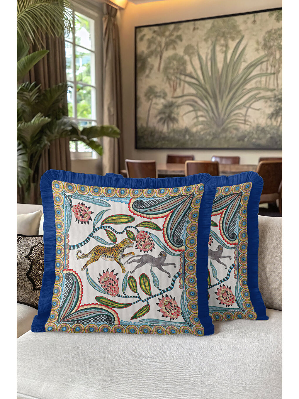 Karışık Egzotik Çiçekli Leopar Saçaklı Yastık Kılıfı - Safari Temalı Bohem Mavi Püsküllü Kırlent Kılıfı-5