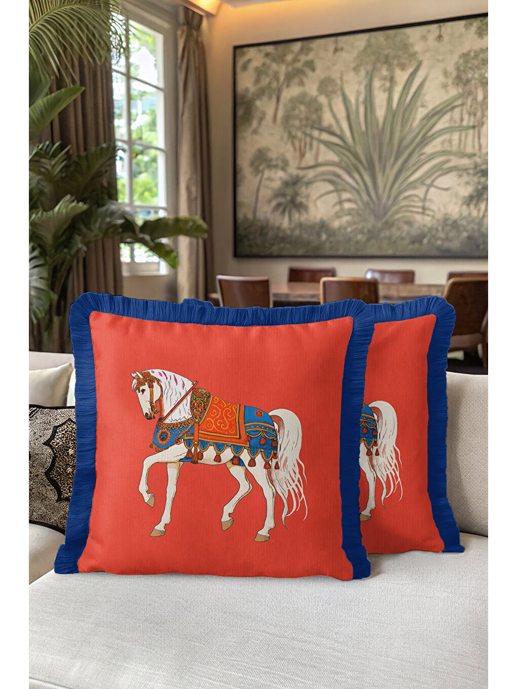 Karışık Saray İhtişamlı Saçaklı Yastık Kılıfı - Asil At Figürü Bohem Kırmızı Lacivert Püsküllü Kırlent Kılıf-5