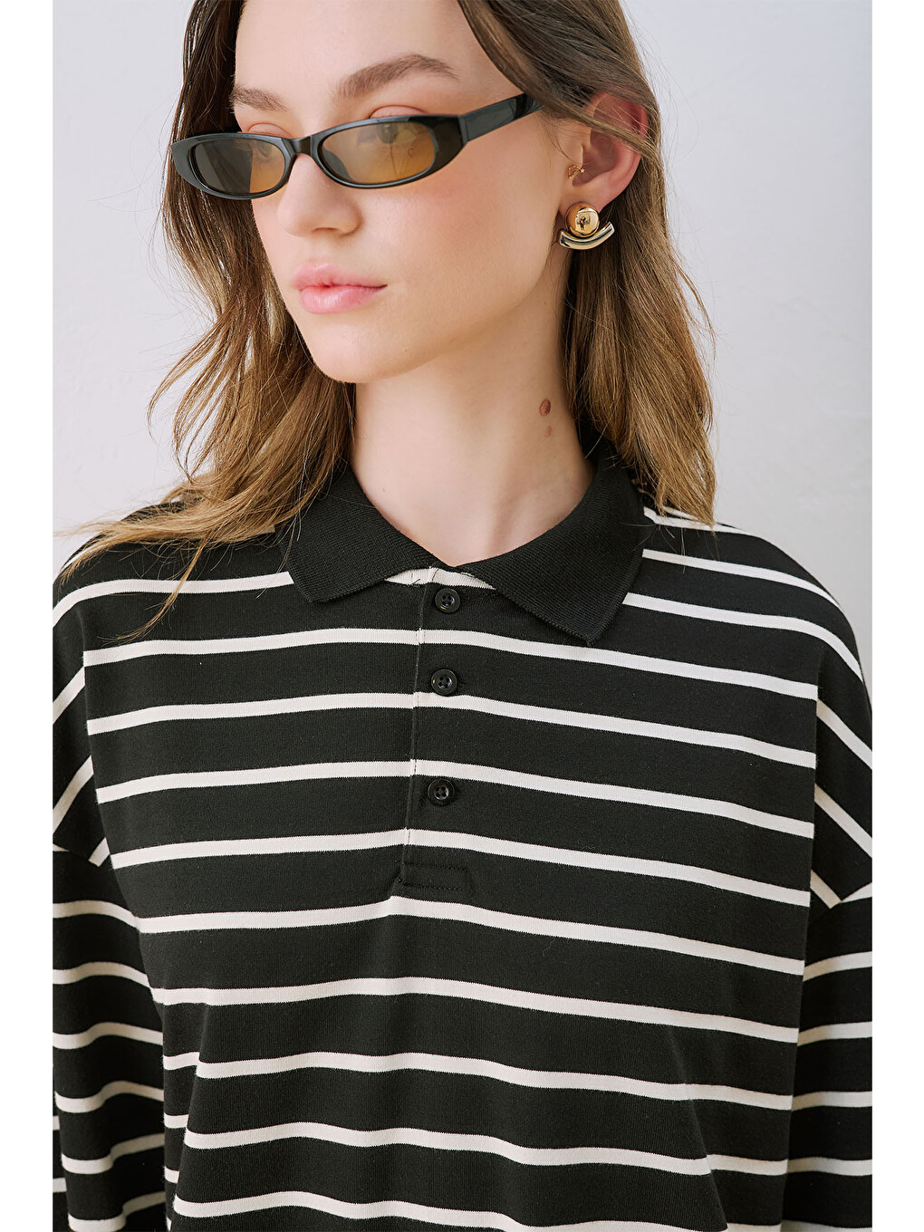 Çizgili Polo Yakalı Sweatshırt Siyah-5