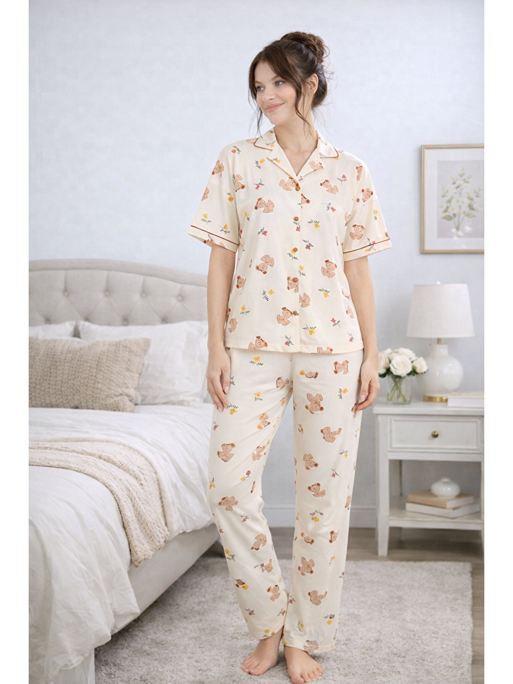 Ekru PREMIUM Kadın Viskon/Bambu Yüksek Kaliteli Gömlek Yaka Düğmeli Yumuşak Dokulu Pijama Takımı-1