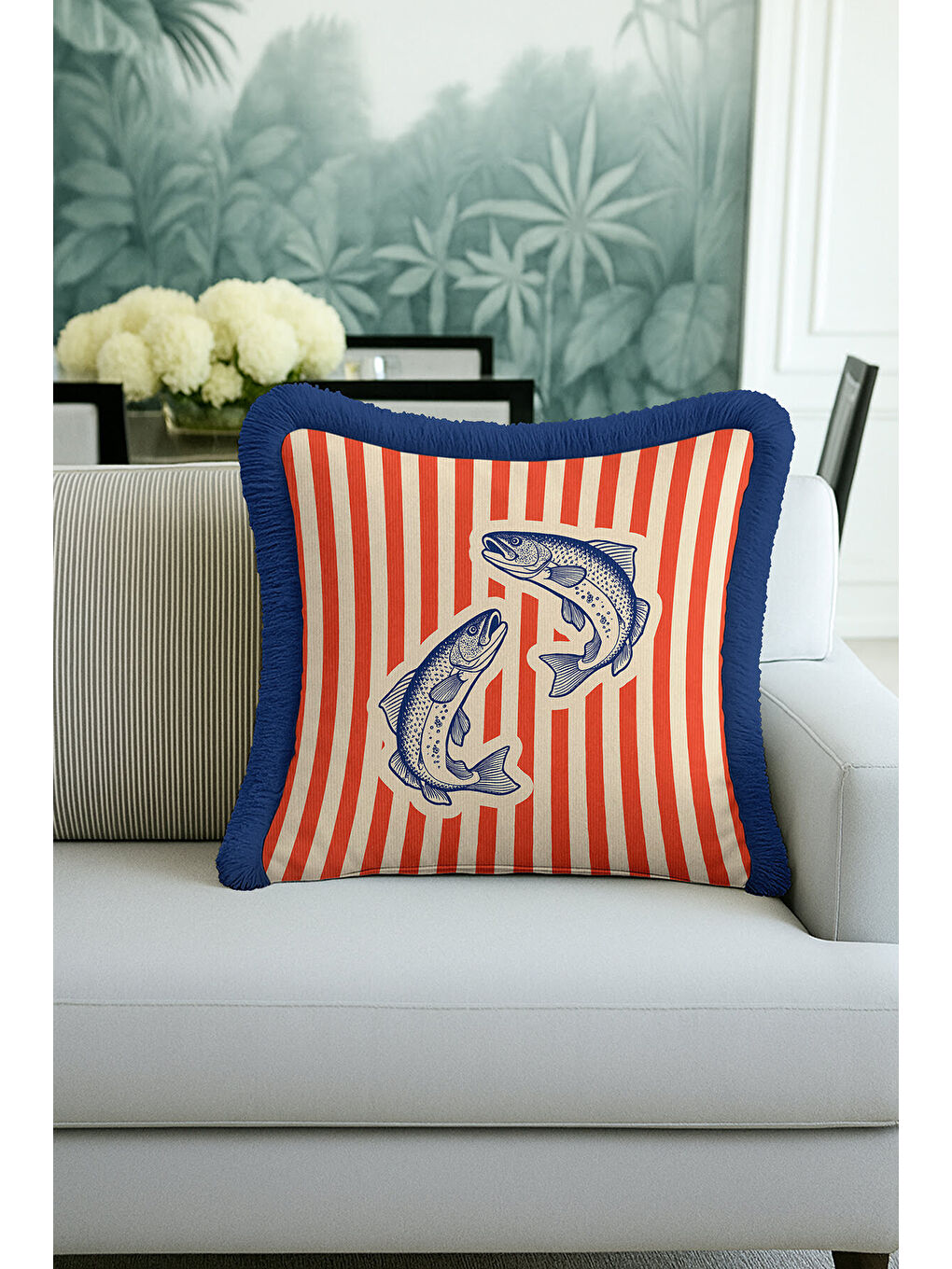 Karışık Nautical Balık Çizimli Saçaklı Yastık Kılıfı - Marin Temalı Kırmızı Lacivert Püsküllü Kırlent Kılıfı