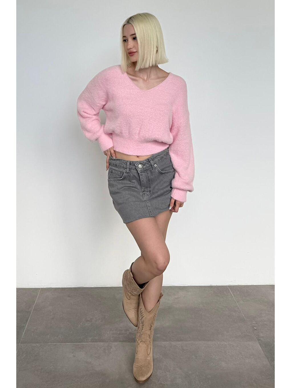 Pembe V Yaka Yumuşak Dokulu Kadın Kazak Mg2499-2