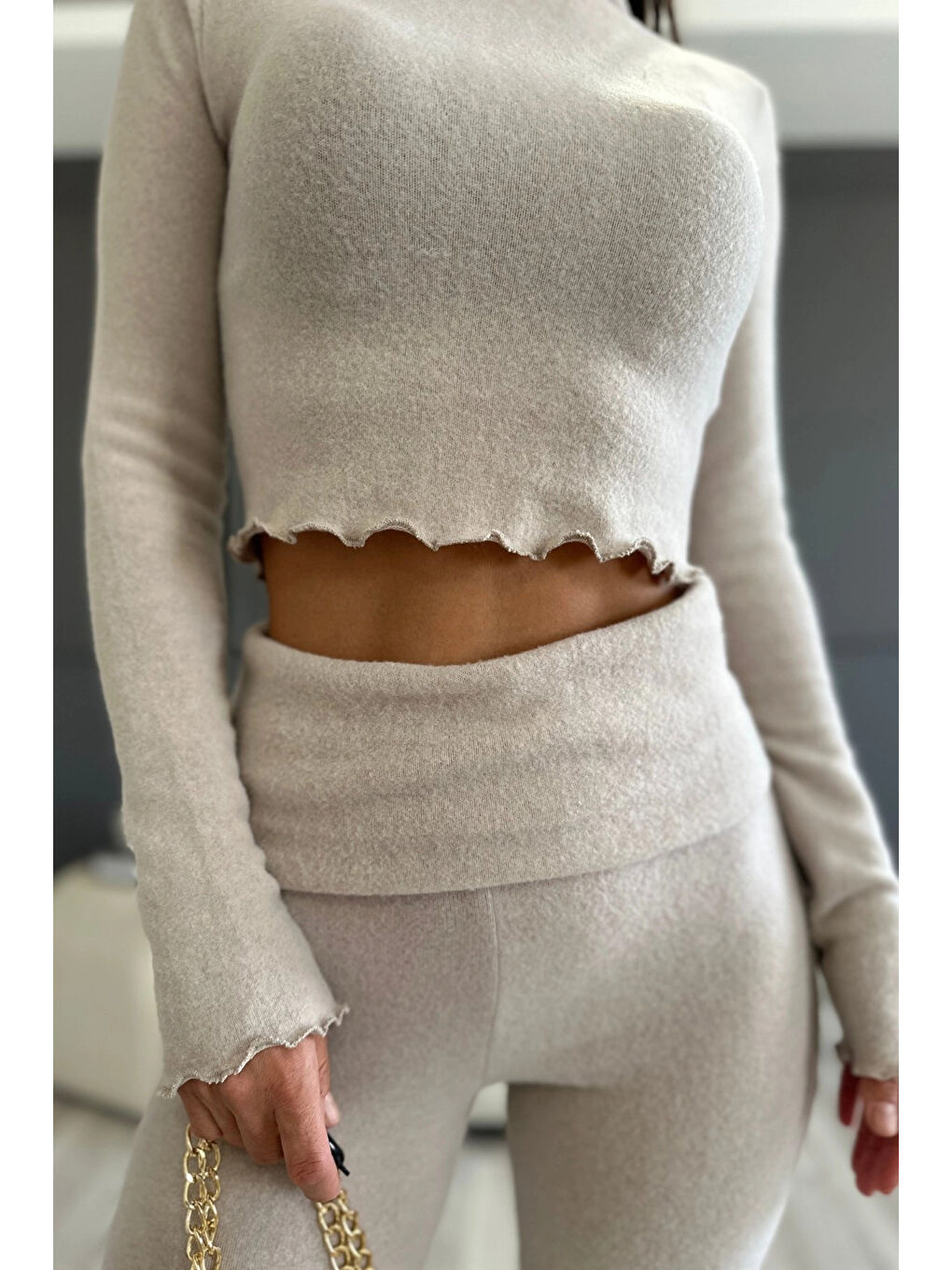 Kadın Bej Bel Katlamalı İspanyol İkili  Takım Hzl25W-Zk13501