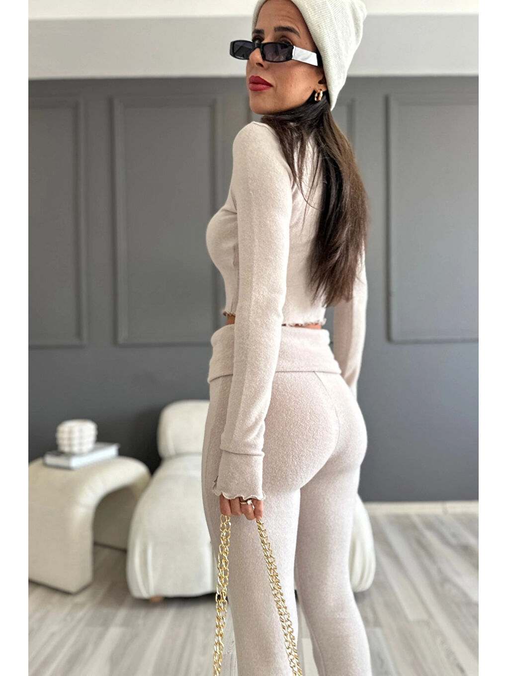 Kadın Bej Bel Katlamalı İspanyol İkili  Takım Hzl25W-Zk13501-1