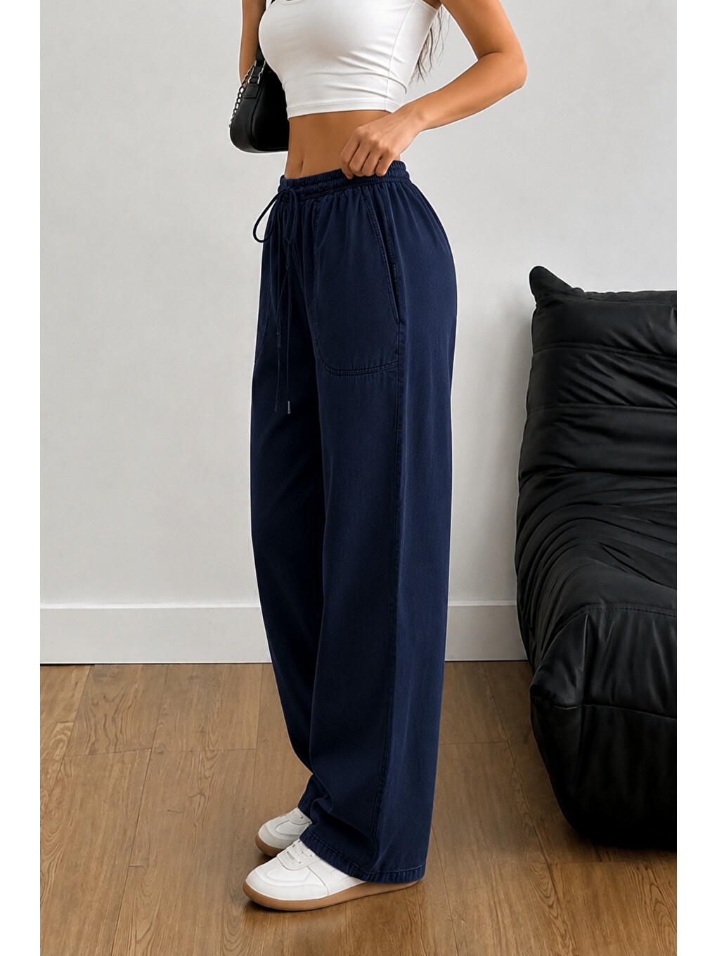 Lacivert Kadın Keten Karışımlı Regular Fit Beli Lastikli Bağcıklı Yüksek Bel Günlük Pantolon-1