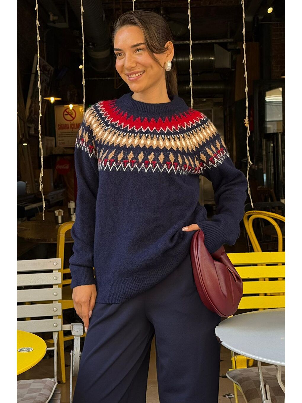 Lacivert Bisiklet Yaka Desenli Kadın Triko Kazak Mg2502