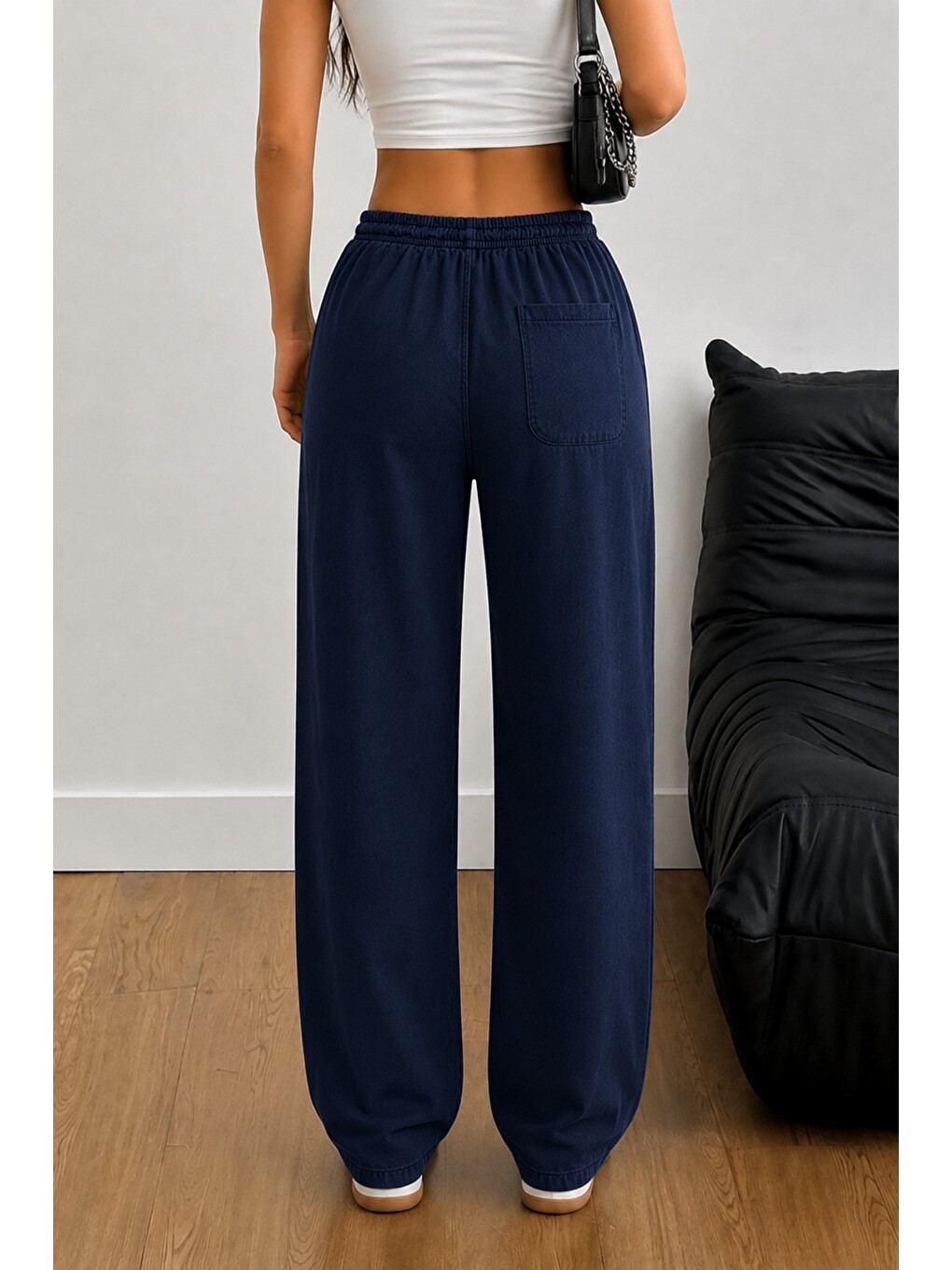 Lacivert Kadın Keten Karışımlı Regular Fit Beli Lastikli Bağcıklı Yüksek Bel Günlük Pantolon-2