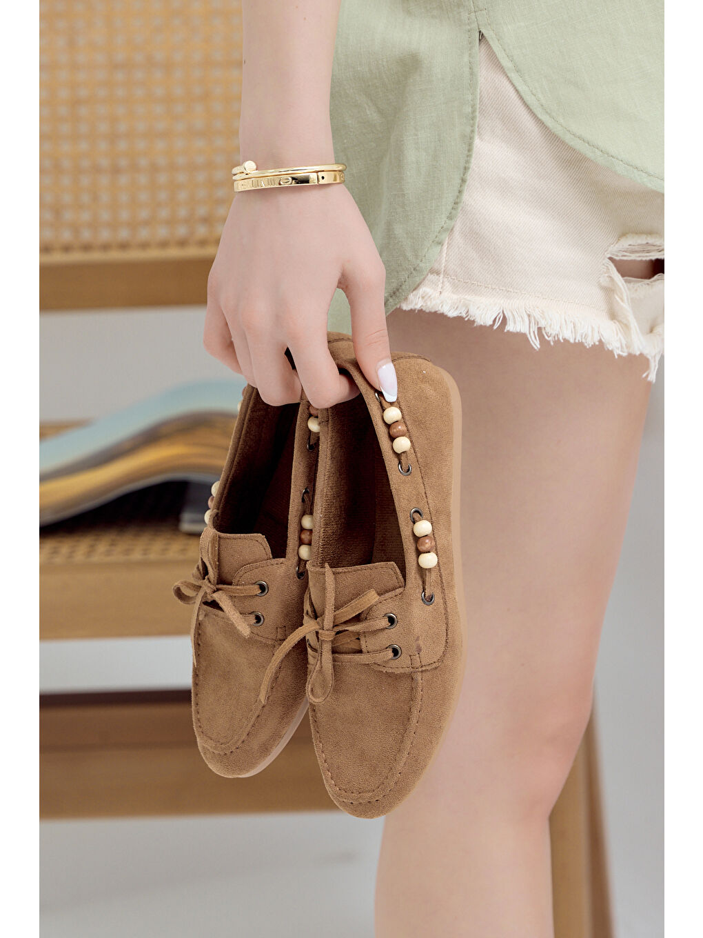 Kahverengi Kadın Taba Rahat Kalıp Boncuk Detaylı Günlük Babet-2