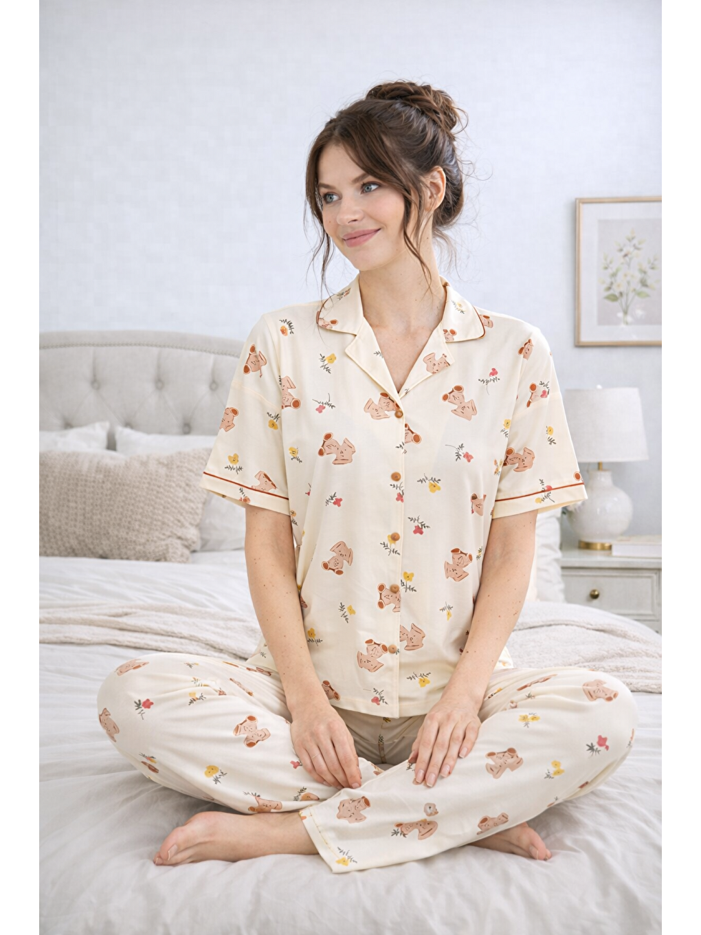 Ekru PREMIUM Kadın Viskon/Bambu Yüksek Kaliteli Gömlek Yaka Düğmeli Yumuşak Dokulu Pijama Takımı-2