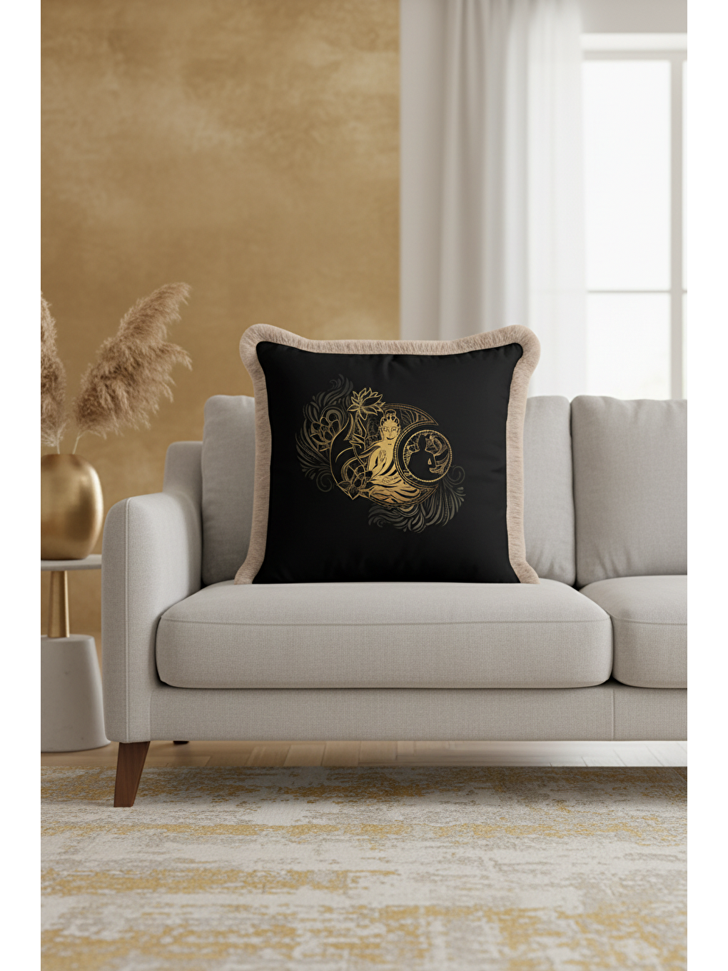 Karışık Buda Lotus Altın Renkli Saçaklı Yastık Kılıfı - Zen Bohem Siyah Krem Püsküllü Kırlent Kılıfı