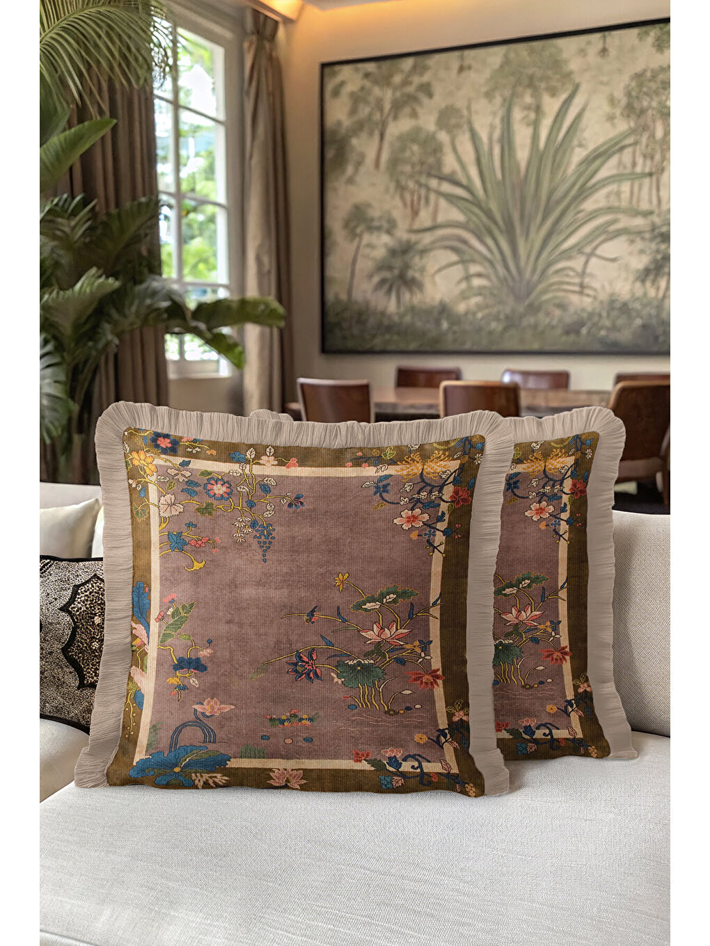 Karışık Zarif Çiçek Motifli Saçaklı Yastık Kılıfı - Vintage Bohem Su Yeşili ve Gold Püsküllü Kırlent Kılıfı-5