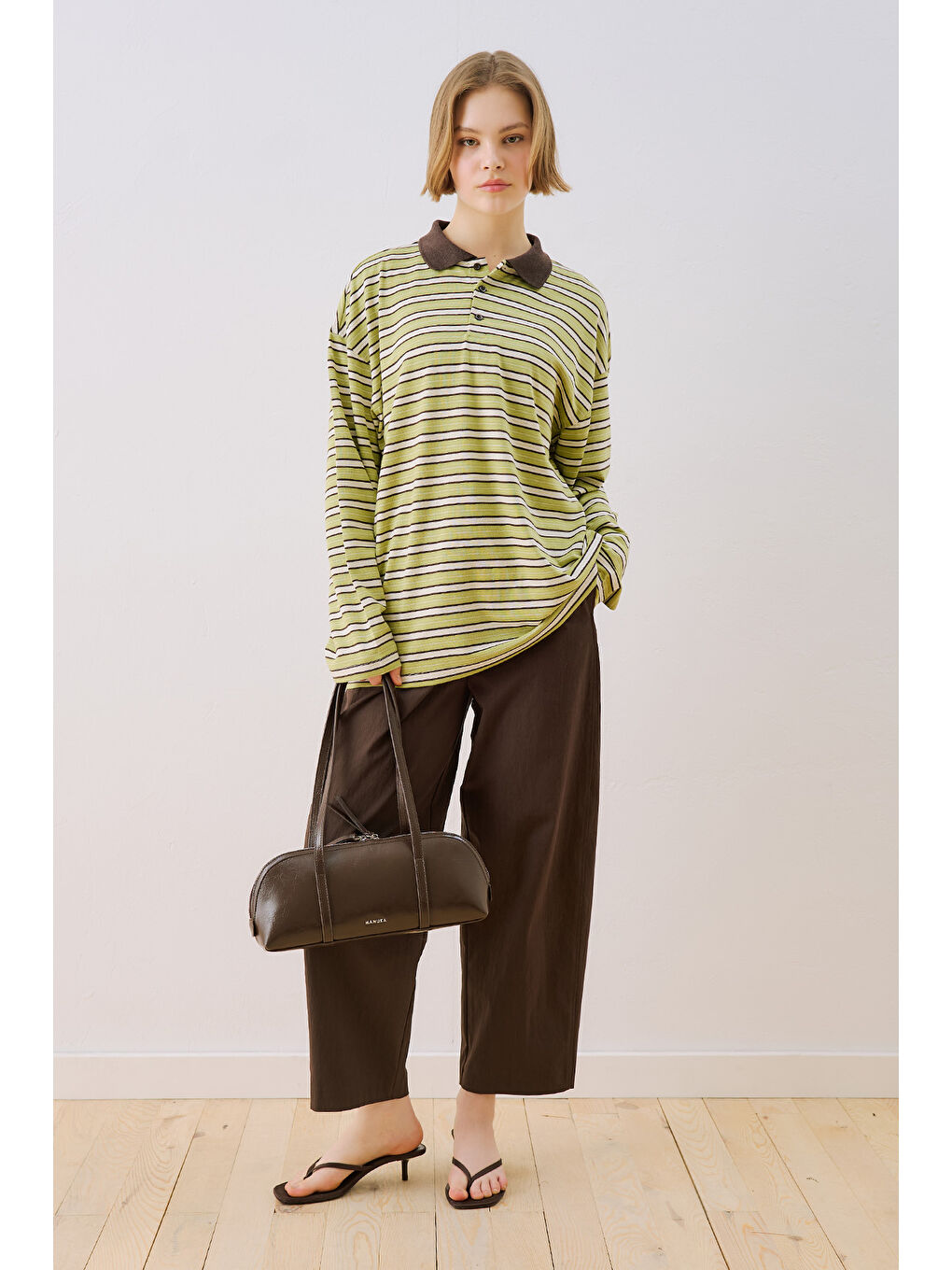 Çizgili Polo Yakalı Sweatshırt Yeşil-1