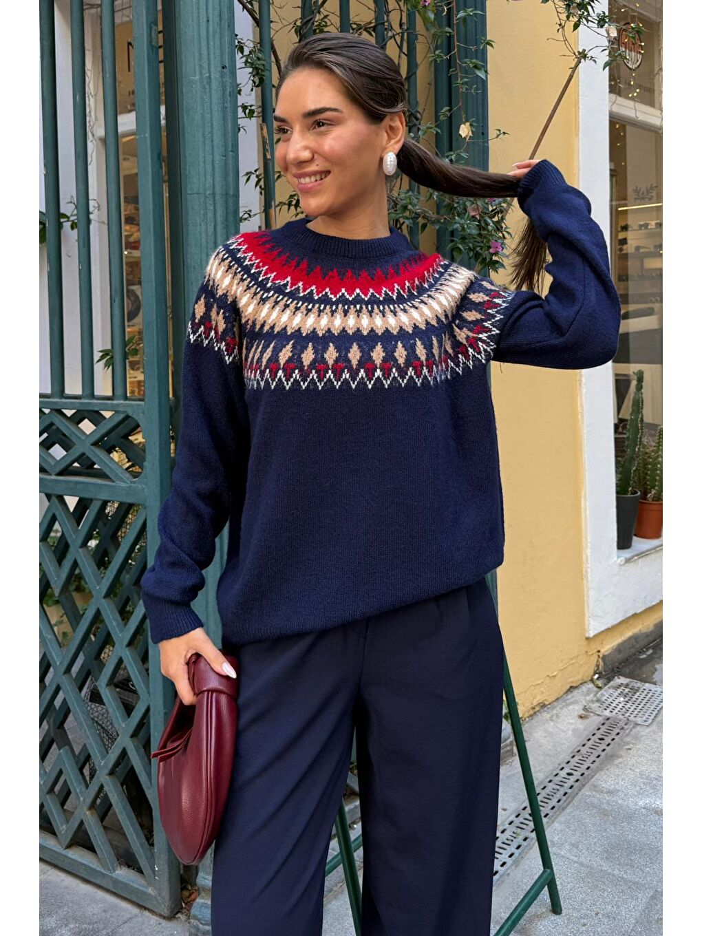 Lacivert Bisiklet Yaka Desenli Kadın Triko Kazak Mg2502-1