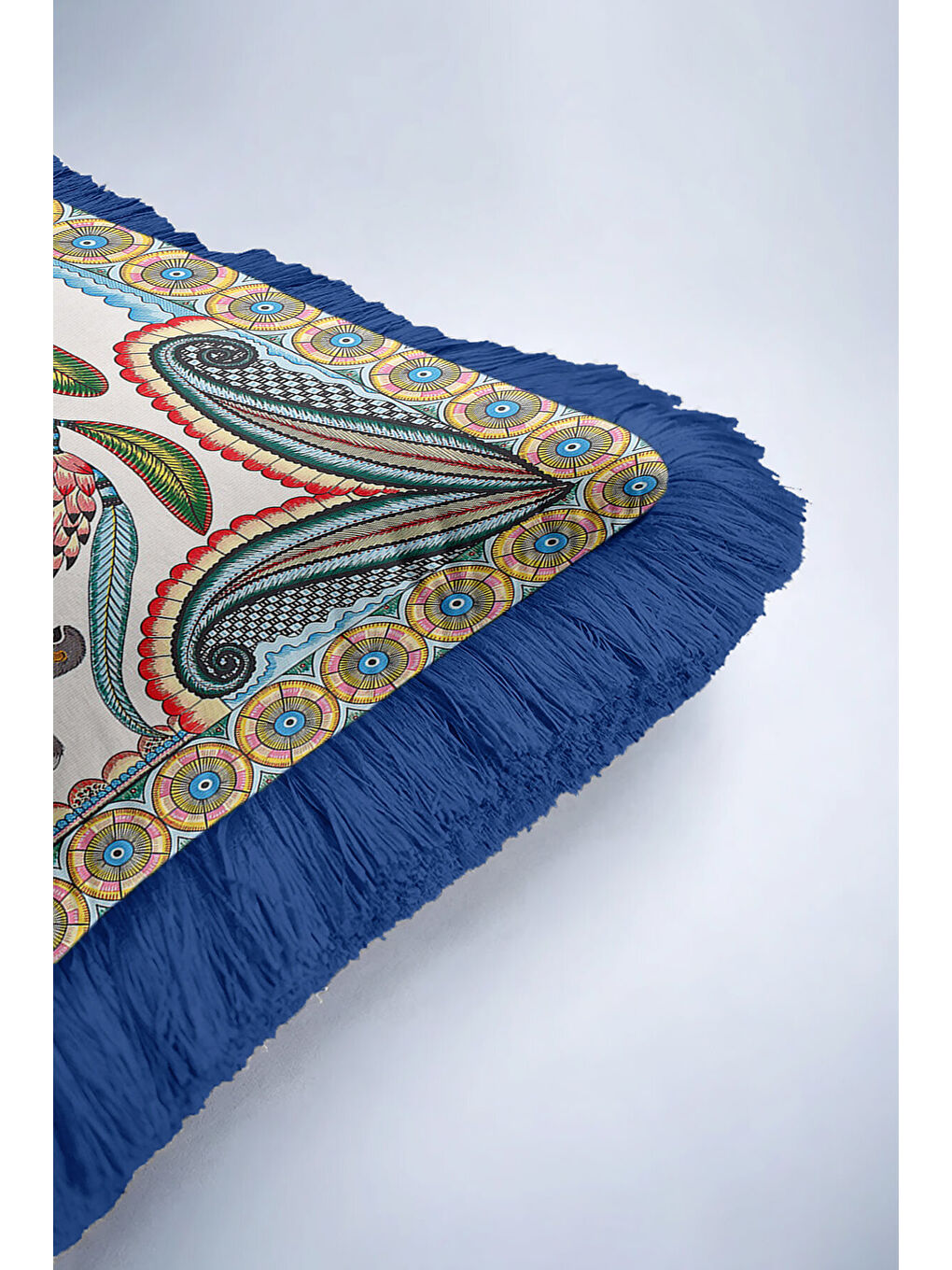 Karışık Egzotik Çiçekli Leopar Saçaklı Yastık Kılıfı - Safari Temalı Bohem Mavi Püsküllü Kırlent Kılıfı-6