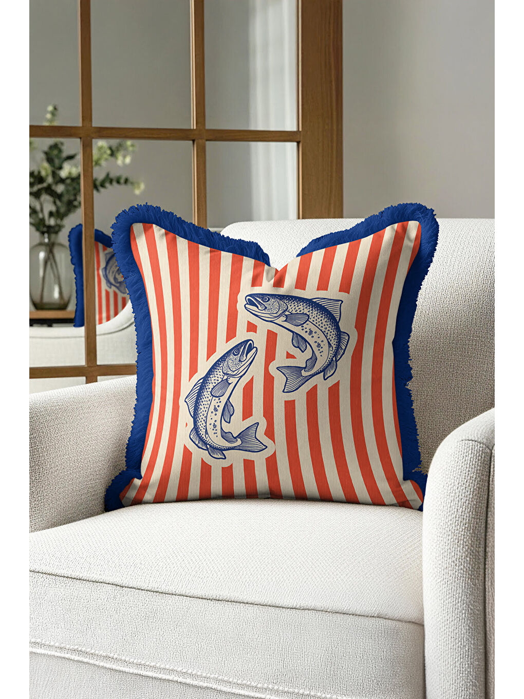 Karışık Nautical Balık Çizimli Saçaklı Yastık Kılıfı - Marin Temalı Kırmızı Lacivert Püsküllü Kırlent Kılıfı-1