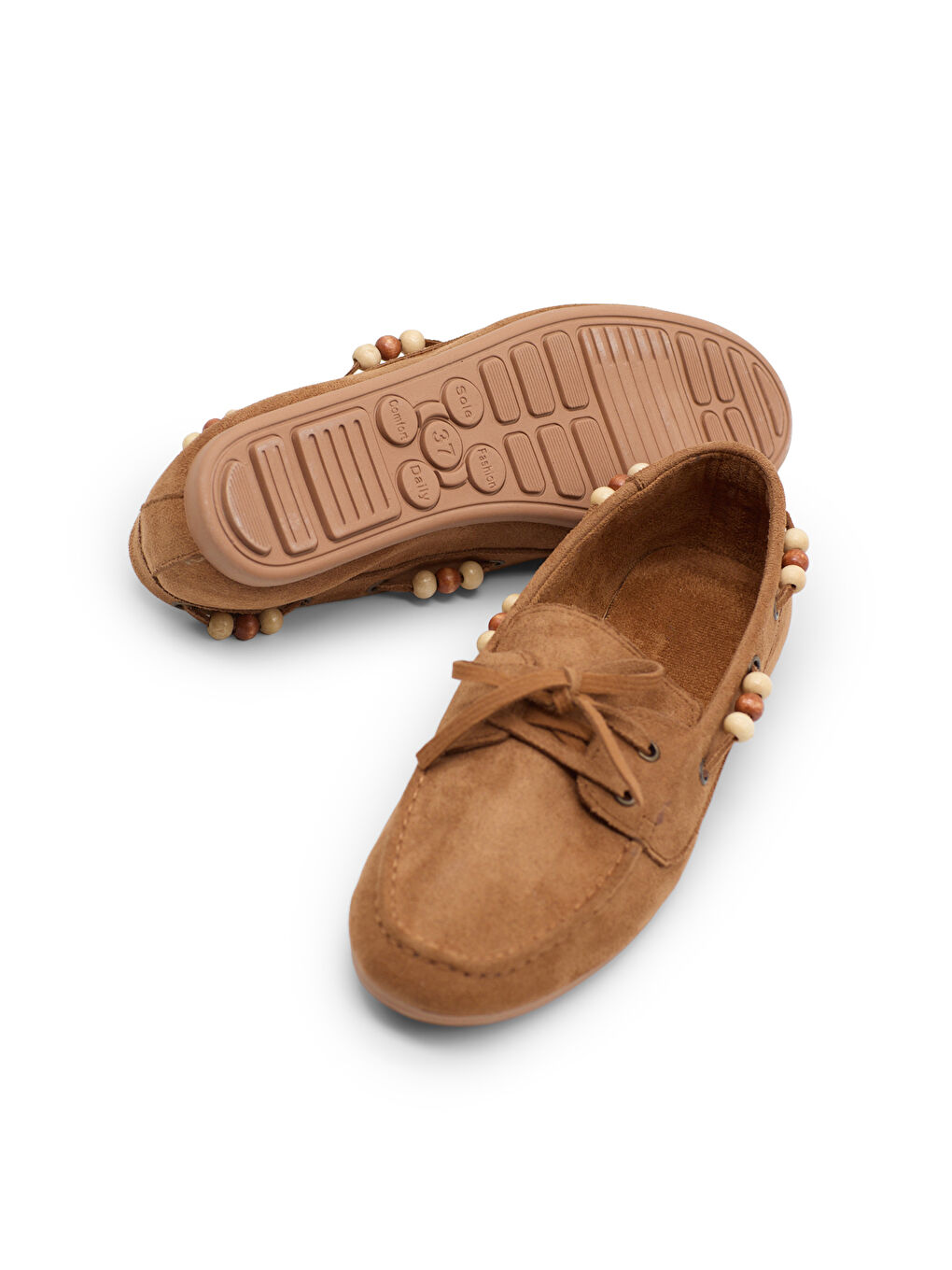 Kahverengi Kadın Taba Rahat Kalıp Boncuk Detaylı Günlük Babet-4