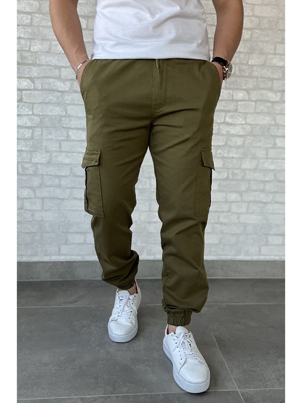 Haki Bel Ve Paça Lastikli Kargo Cep Gabardin Erkek Pantolon