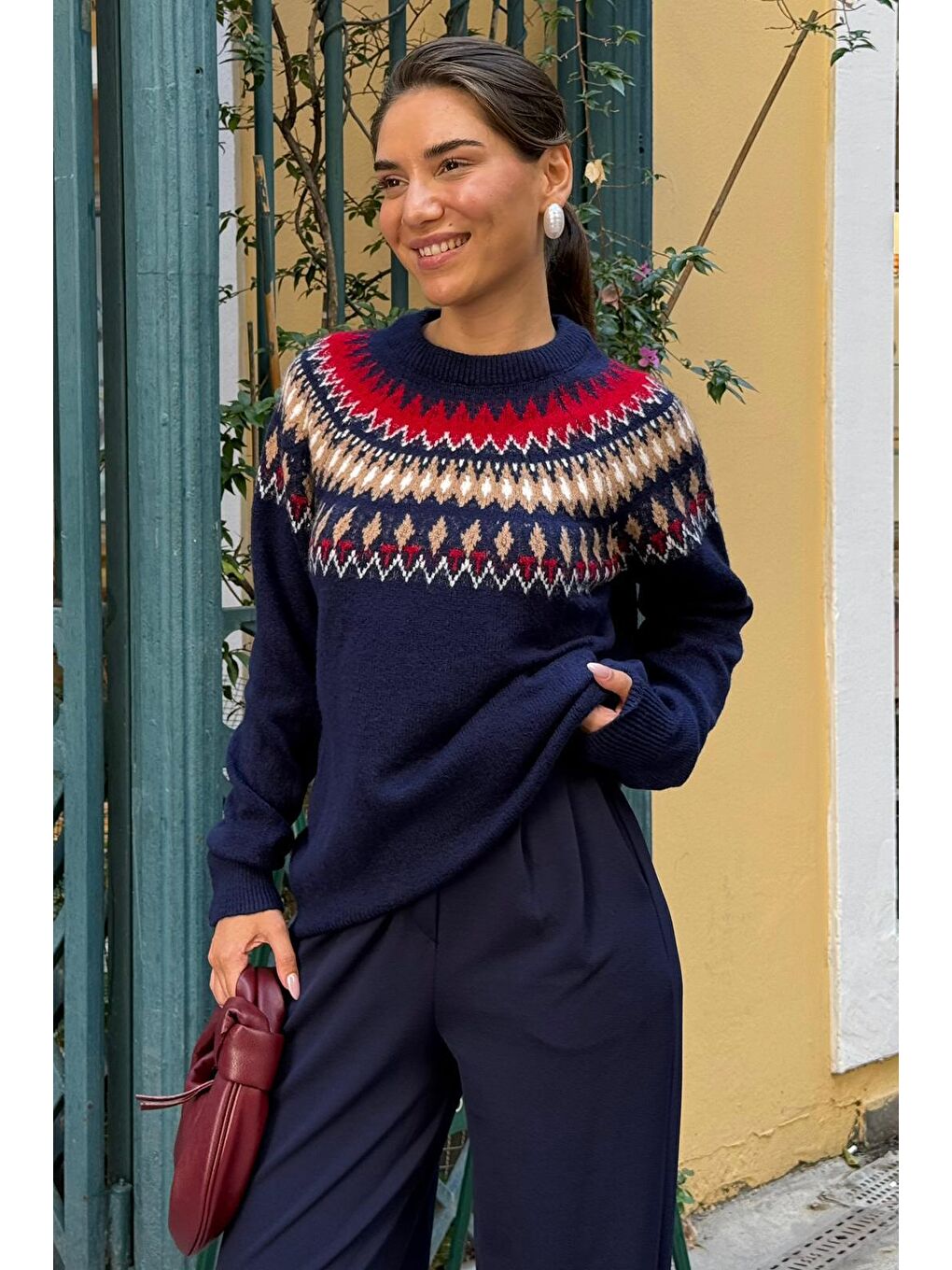 Lacivert Bisiklet Yaka Desenli Kadın Triko Kazak Mg2502-2