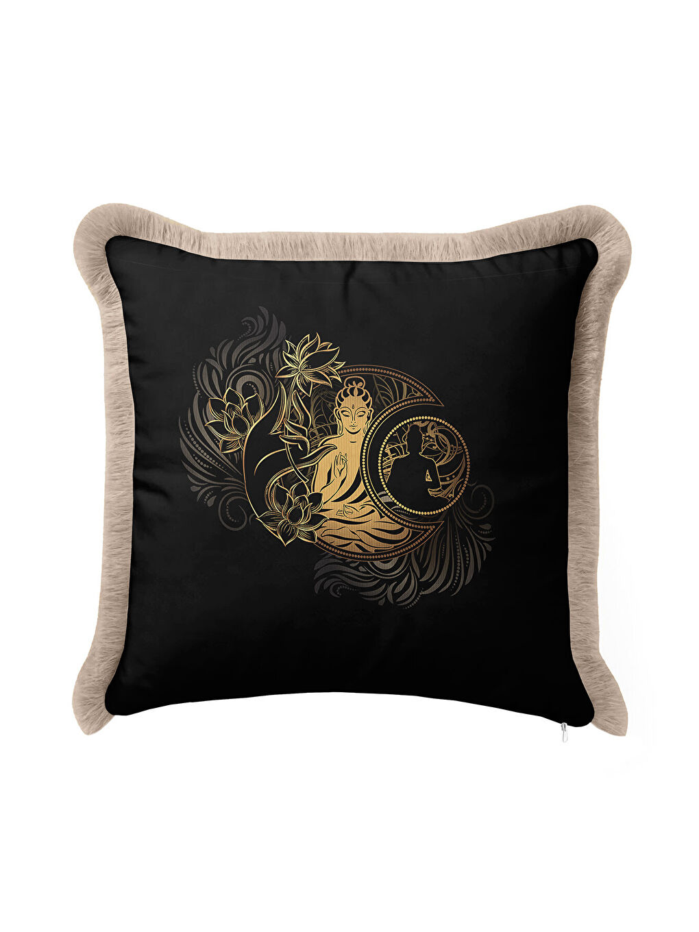 Karışık Buda Lotus Altın Renkli Saçaklı Yastık Kılıfı - Zen Bohem Siyah Krem Püsküllü Kırlent Kılıfı-1