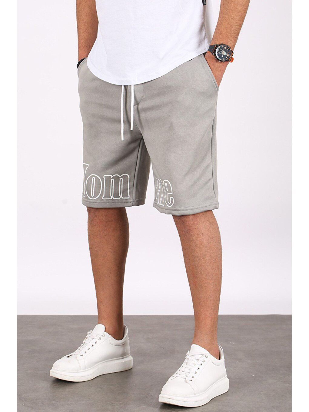 Erkek Baskılı Boyalı Gri Kapri Şort 5439-5