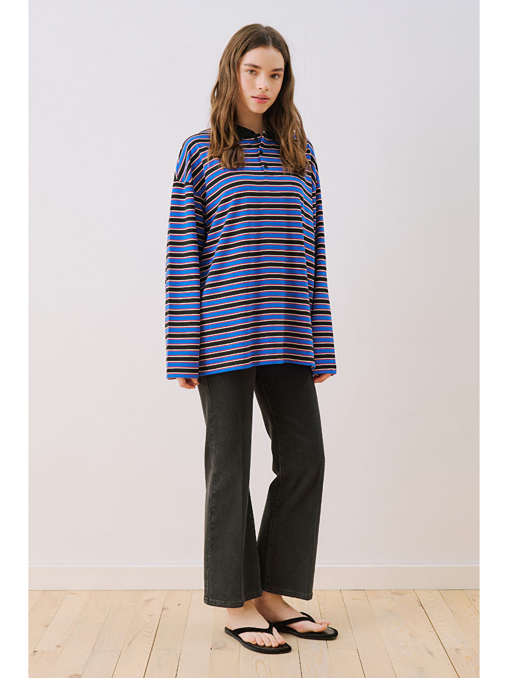 Çizgili Polo Yakalı Sweatshırt Mavi-1