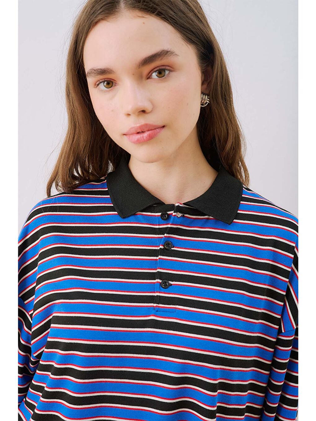 Çizgili Polo Yakalı Sweatshırt Mavi-2