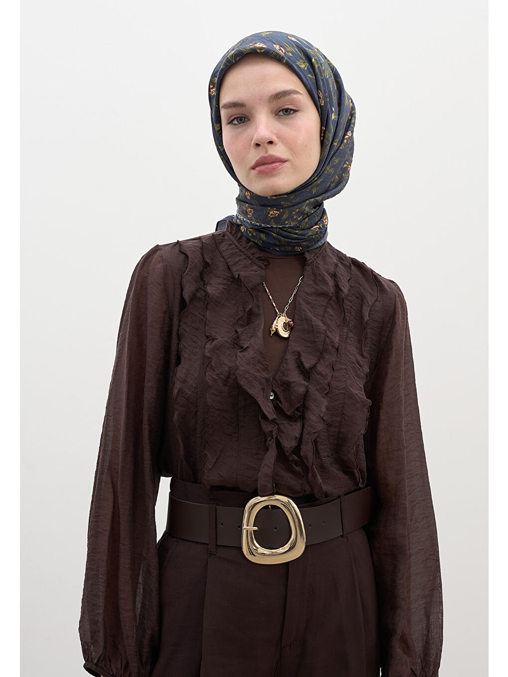 Leana Desen Pamuklu Viskon Eşarp Lacivert-2