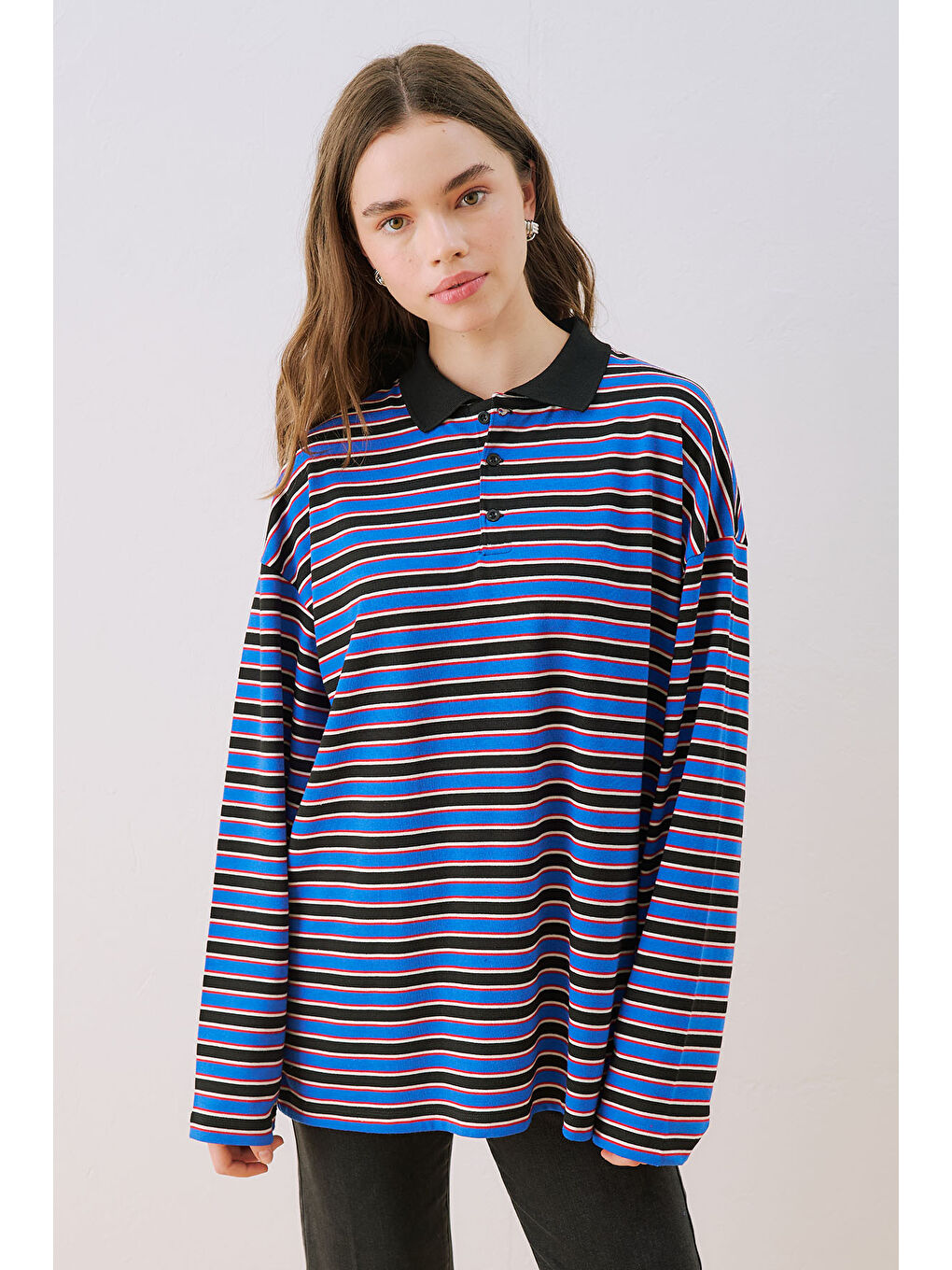Çizgili Polo Yakalı Sweatshırt Mavi-3