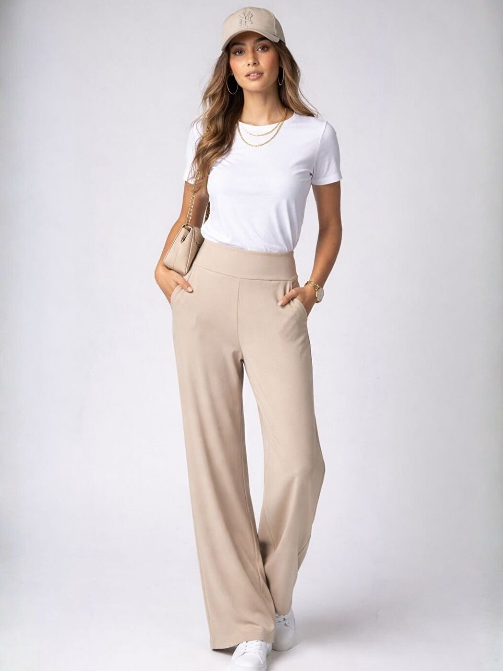 Bej Bel Lastikli Elastanlı Palazzo Yüksek Bel Pantolon