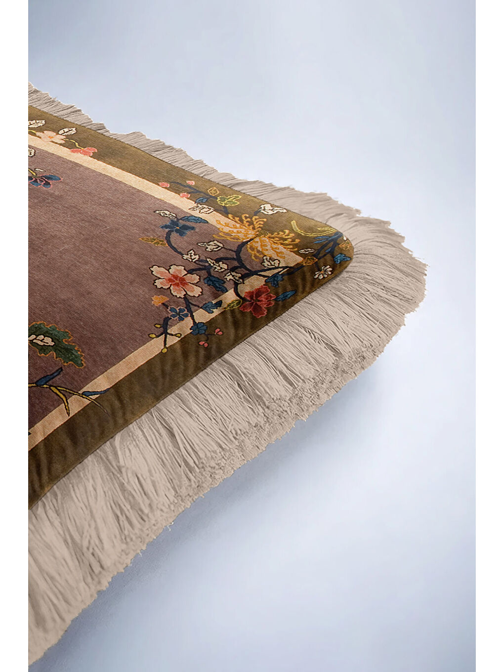 Karışık Zarif Çiçek Motifli Saçaklı Yastık Kılıfı - Vintage Bohem Su Yeşili ve Gold Püsküllü Kırlent Kılıfı-6