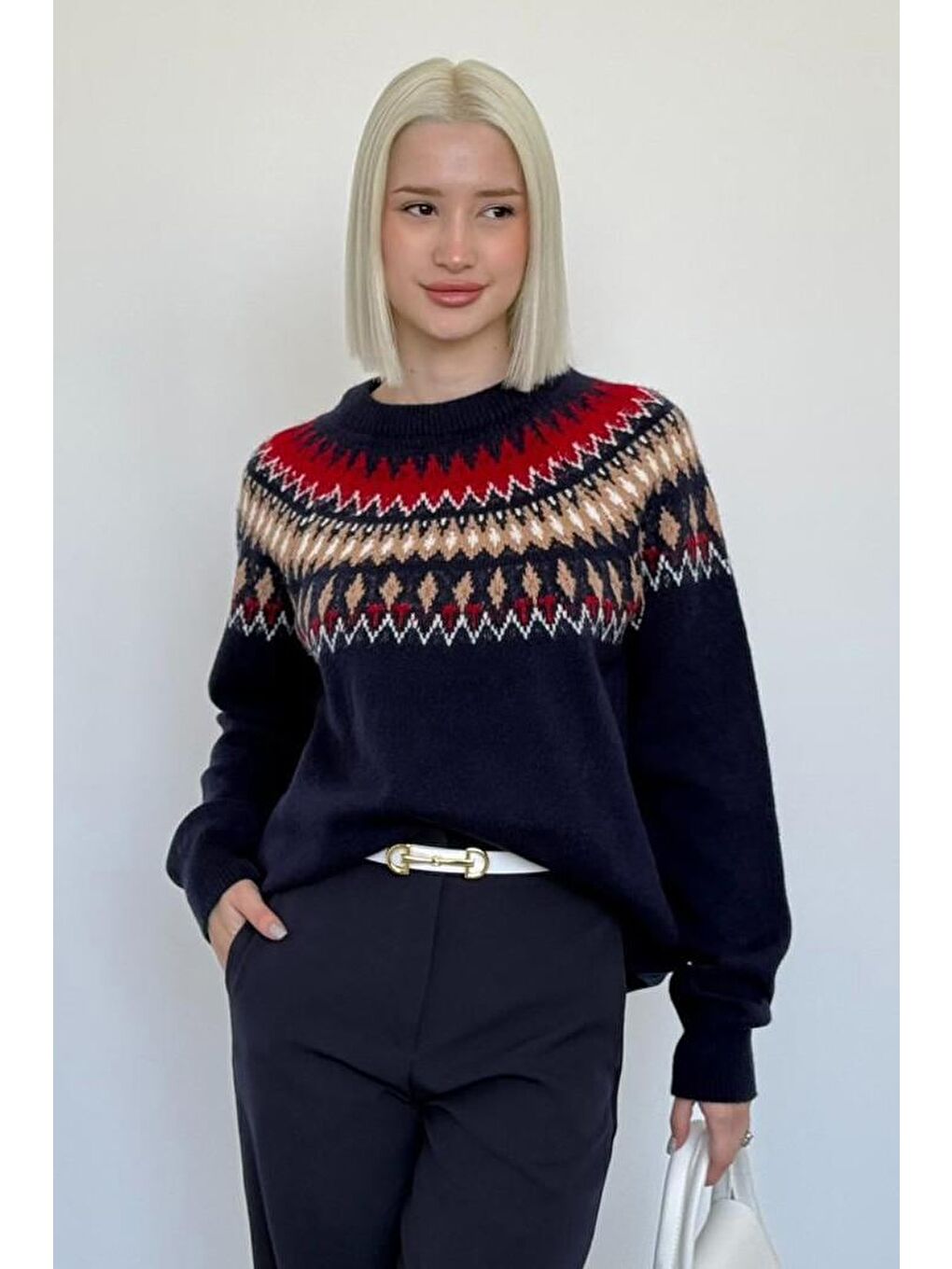 Lacivert Bisiklet Yaka Desenli Kadın Triko Kazak Mg2502-4