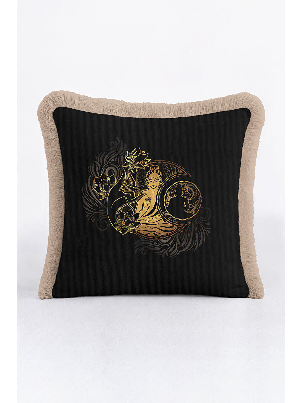Karışık Buda Lotus Altın Renkli Saçaklı Yastık Kılıfı - Zen Bohem Siyah Krem Püsküllü Kırlent Kılıfı-2