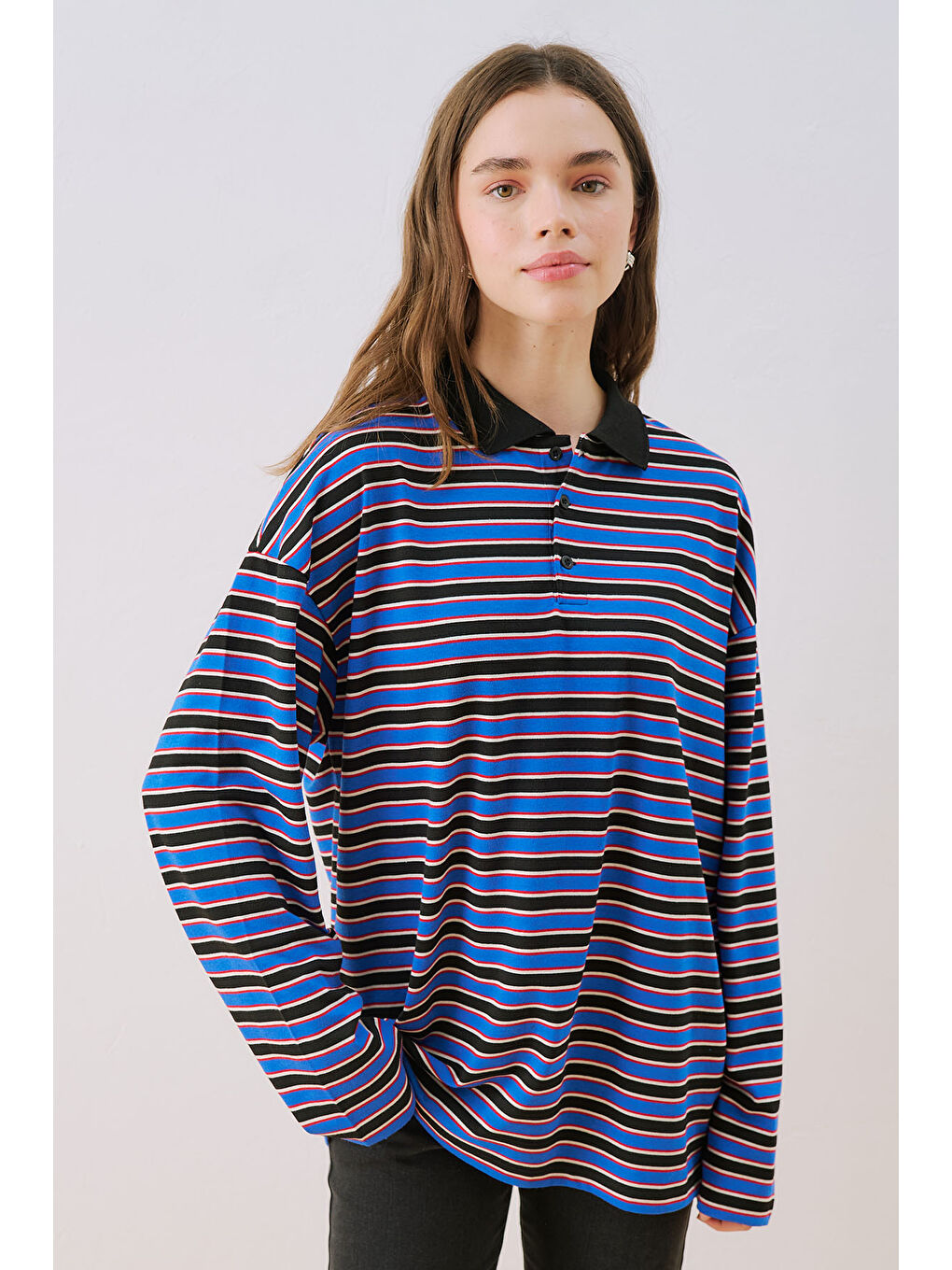 Çizgili Polo Yakalı Sweatshırt Mavi-4