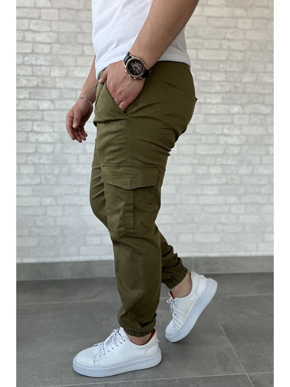 Haki Bel Ve Paça Lastikli Kargo Cep Gabardin Erkek Pantolon-1