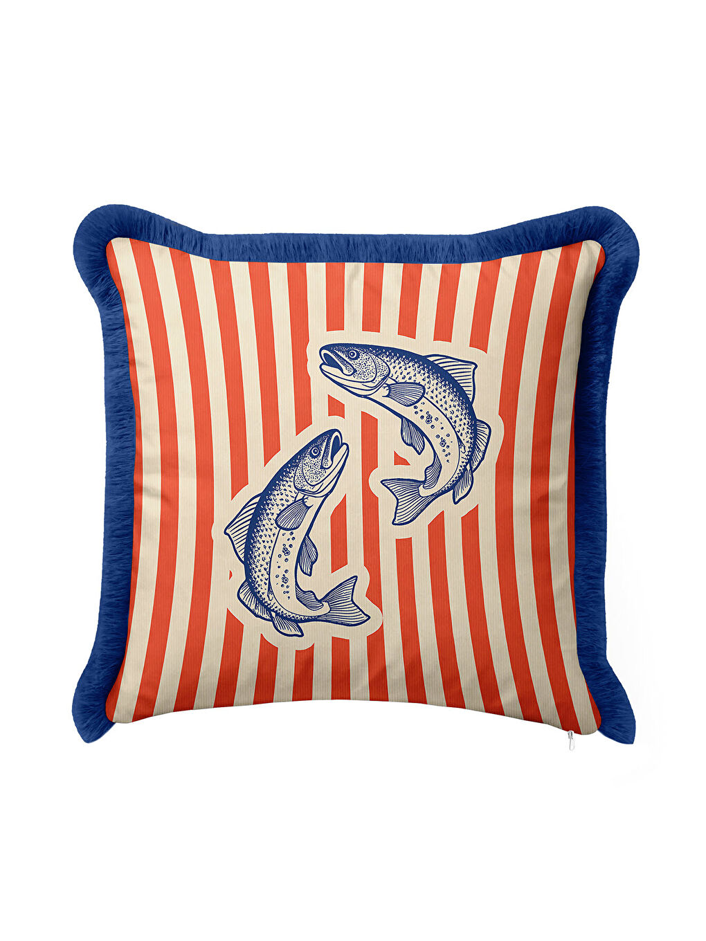 Karışık Nautical Balık Çizimli Saçaklı Yastık Kılıfı - Marin Temalı Kırmızı Lacivert Püsküllü Kırlent Kılıfı-2