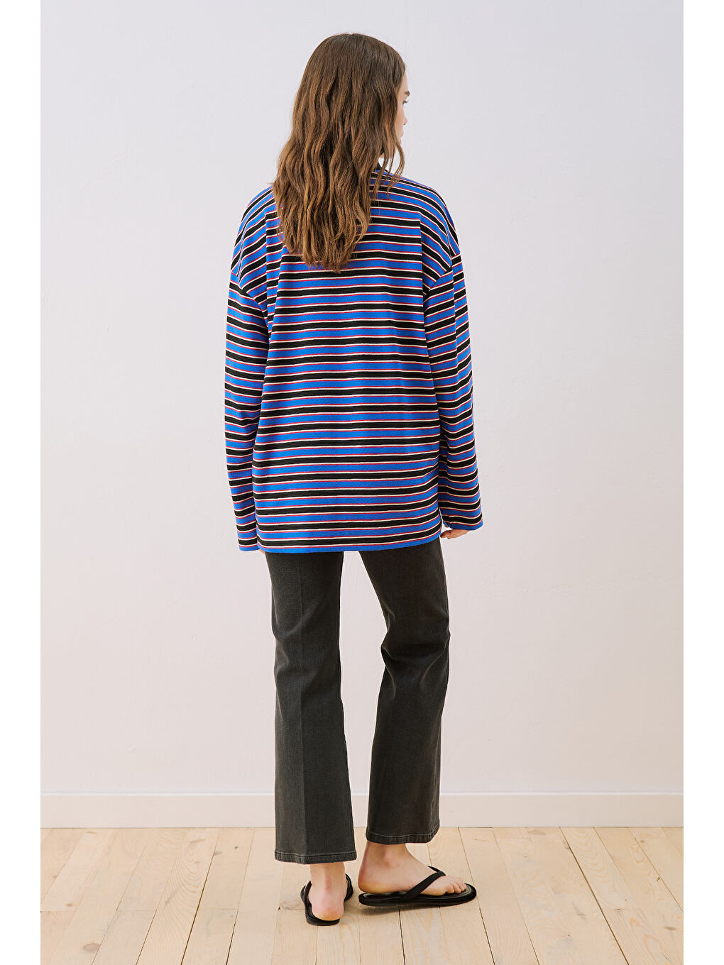 Çizgili Polo Yakalı Sweatshırt Mavi-5