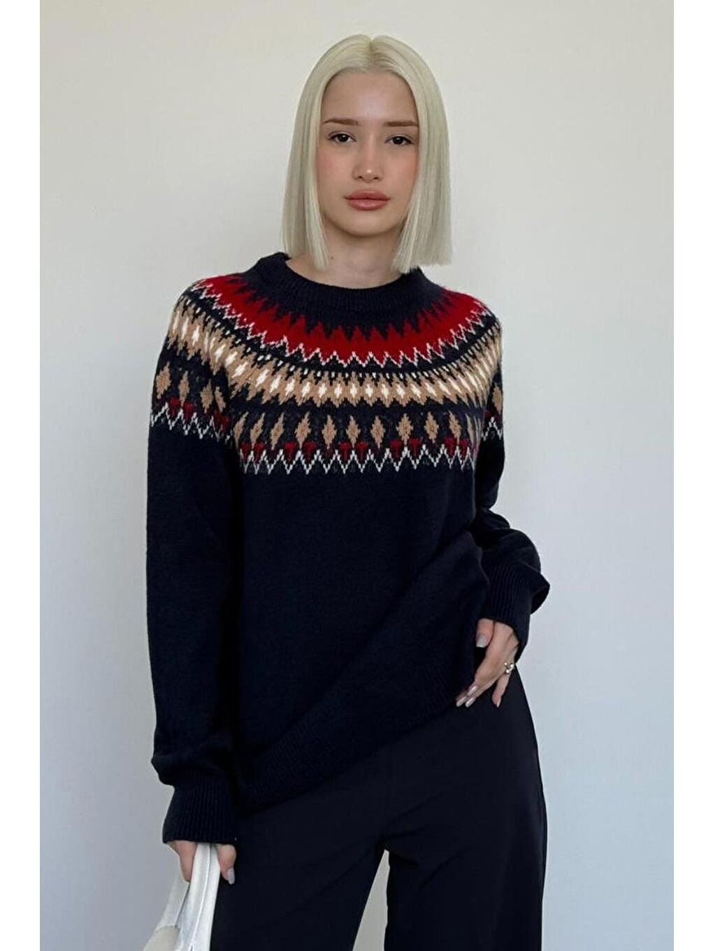 Lacivert Bisiklet Yaka Desenli Kadın Triko Kazak Mg2502-5