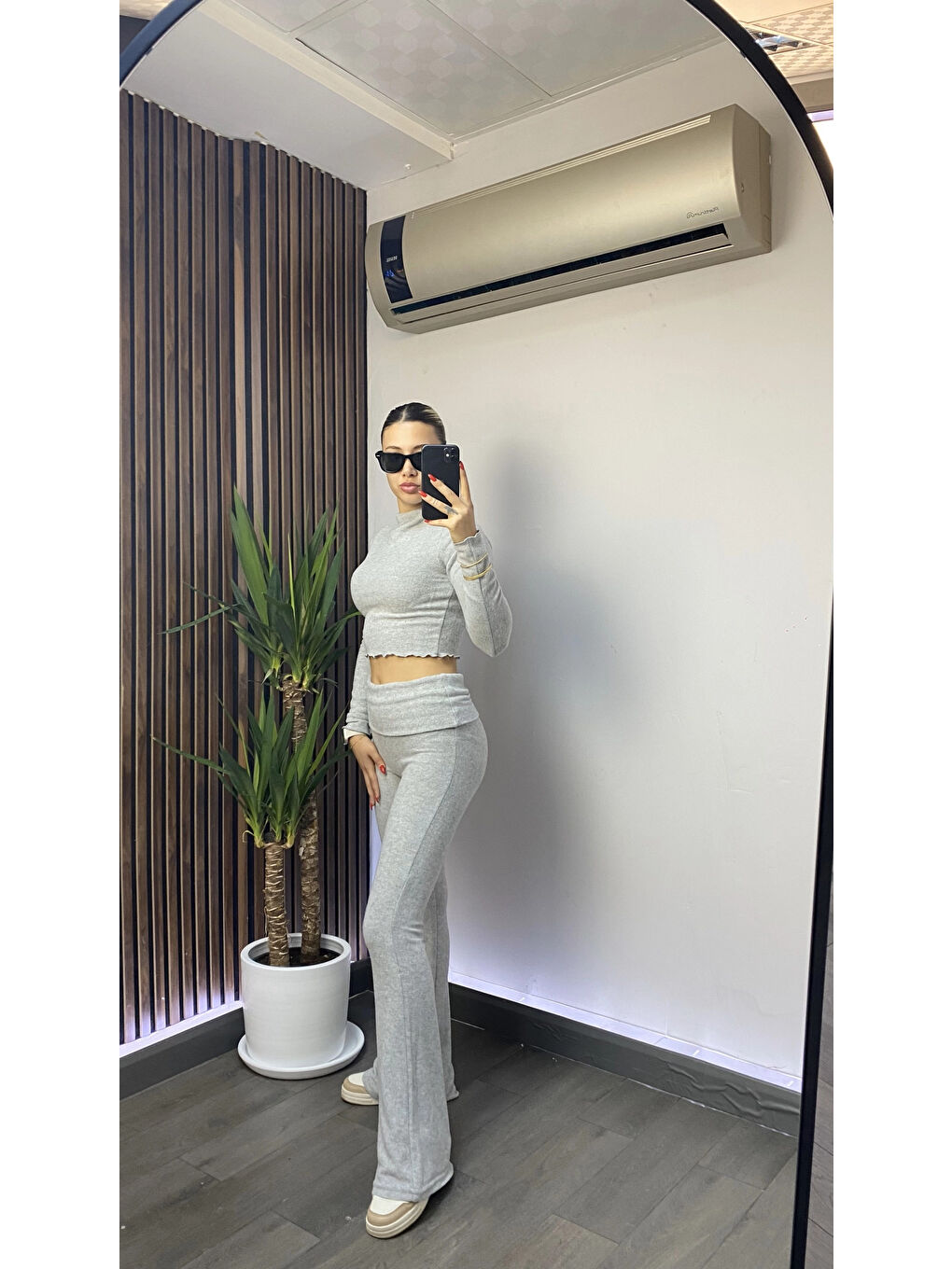 Kadın Gri Bel Katlamalı İspanyol İkili  Takım Hzl25W-Zk13501-1