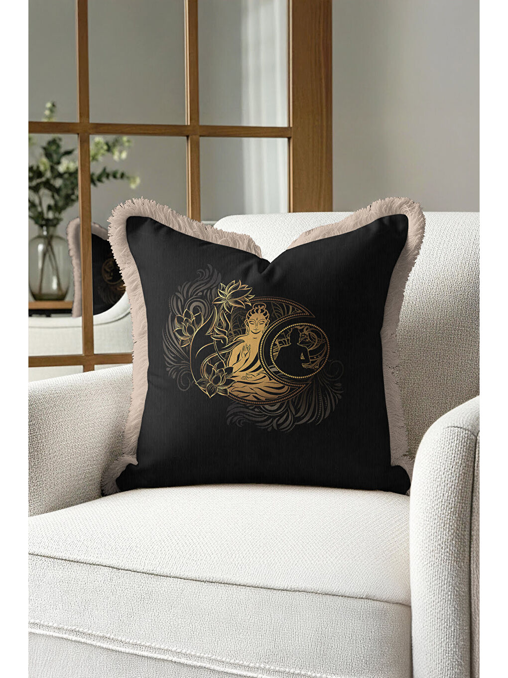 Karışık Buda Lotus Altın Renkli Saçaklı Yastık Kılıfı - Zen Bohem Siyah Krem Püsküllü Kırlent Kılıfı-3