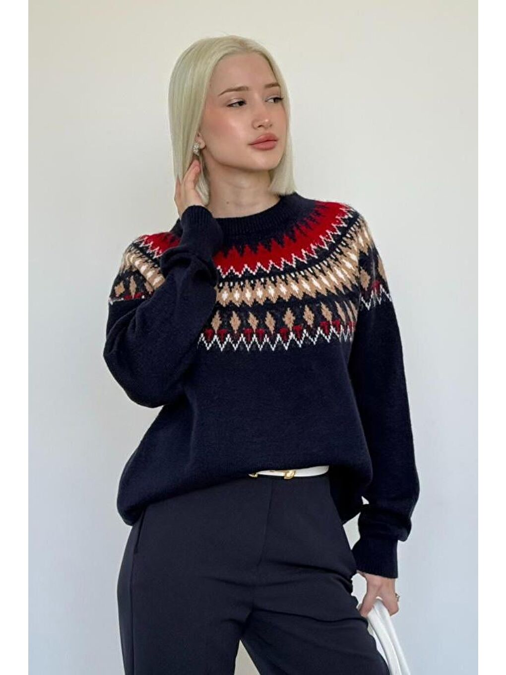 Lacivert Bisiklet Yaka Desenli Kadın Triko Kazak Mg2502-6