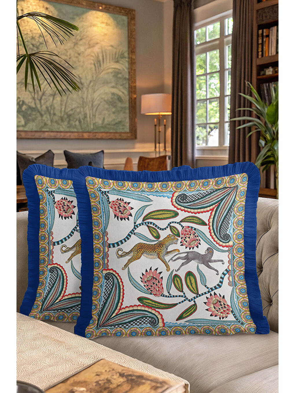Karışık Egzotik Çiçekli Leopar Saçaklı Yastık Kılıfı - Safari Temalı Bohem Mavi Püsküllü Kırlent Kılıfı-7