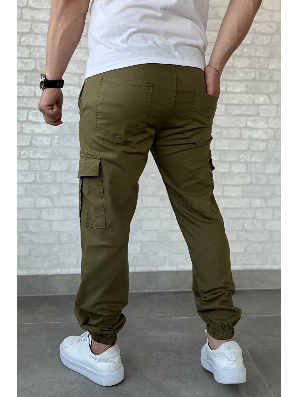 Haki Bel Ve Paça Lastikli Kargo Cep Gabardin Erkek Pantolon-2