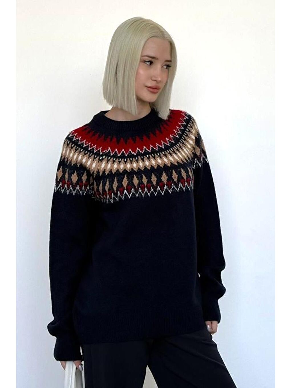 Lacivert Bisiklet Yaka Desenli Kadın Triko Kazak Mg2502-7